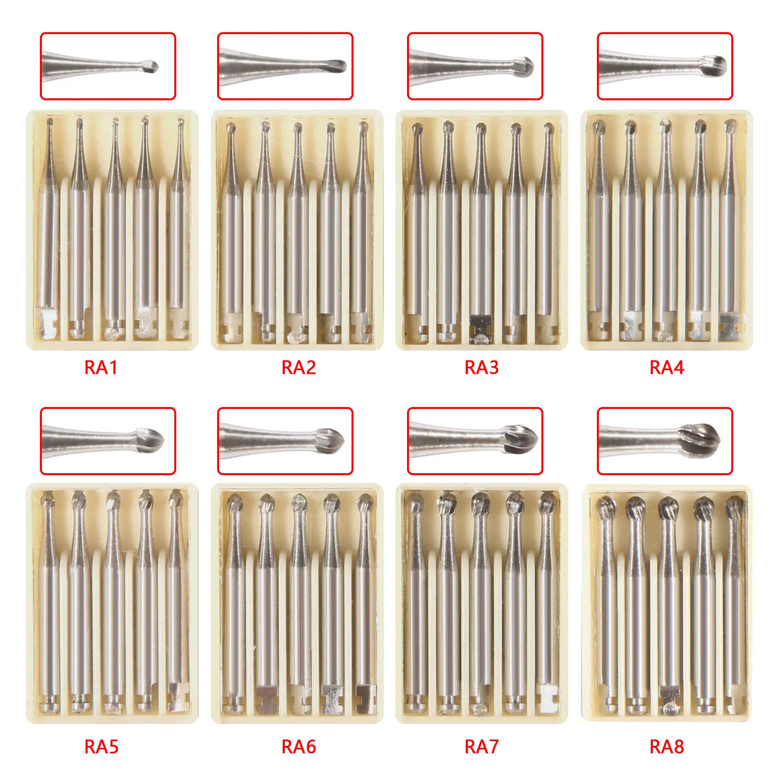 

1Box/5PCS Dental Round Carbide Steel Drill Burs RA1-RA8 Bur for Low Speed Contra Angle Handpiece