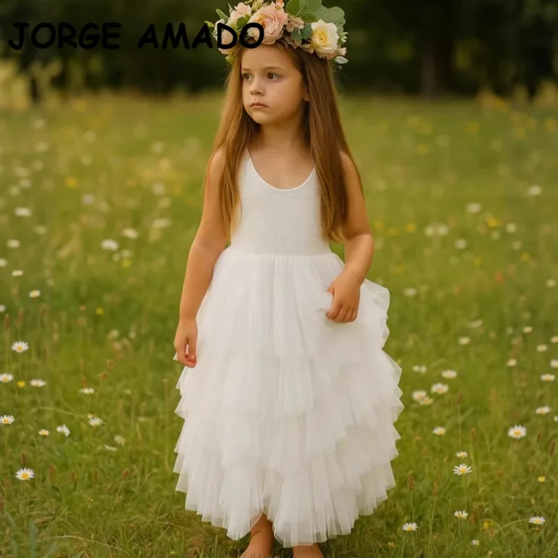 Neues Sommer-Partykleid für Mädchen Ärmellos mit Spitze Rückenfreies Rüschen-Tüll-Tutu Kinder Hochzeit Prinzessin Festkleid A0001