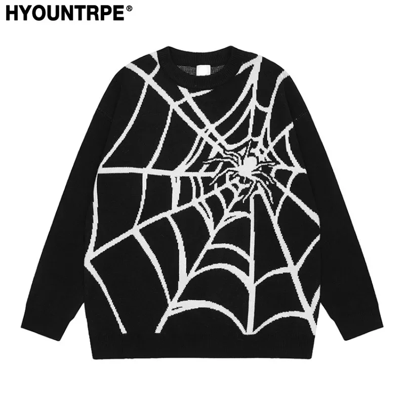 

Hip Hop Harajuku Spider Web Pattern Knitted Sweater Unisex Pullover Streetwear Winter Casual Loose Sweater Warm Jumper Knitwear