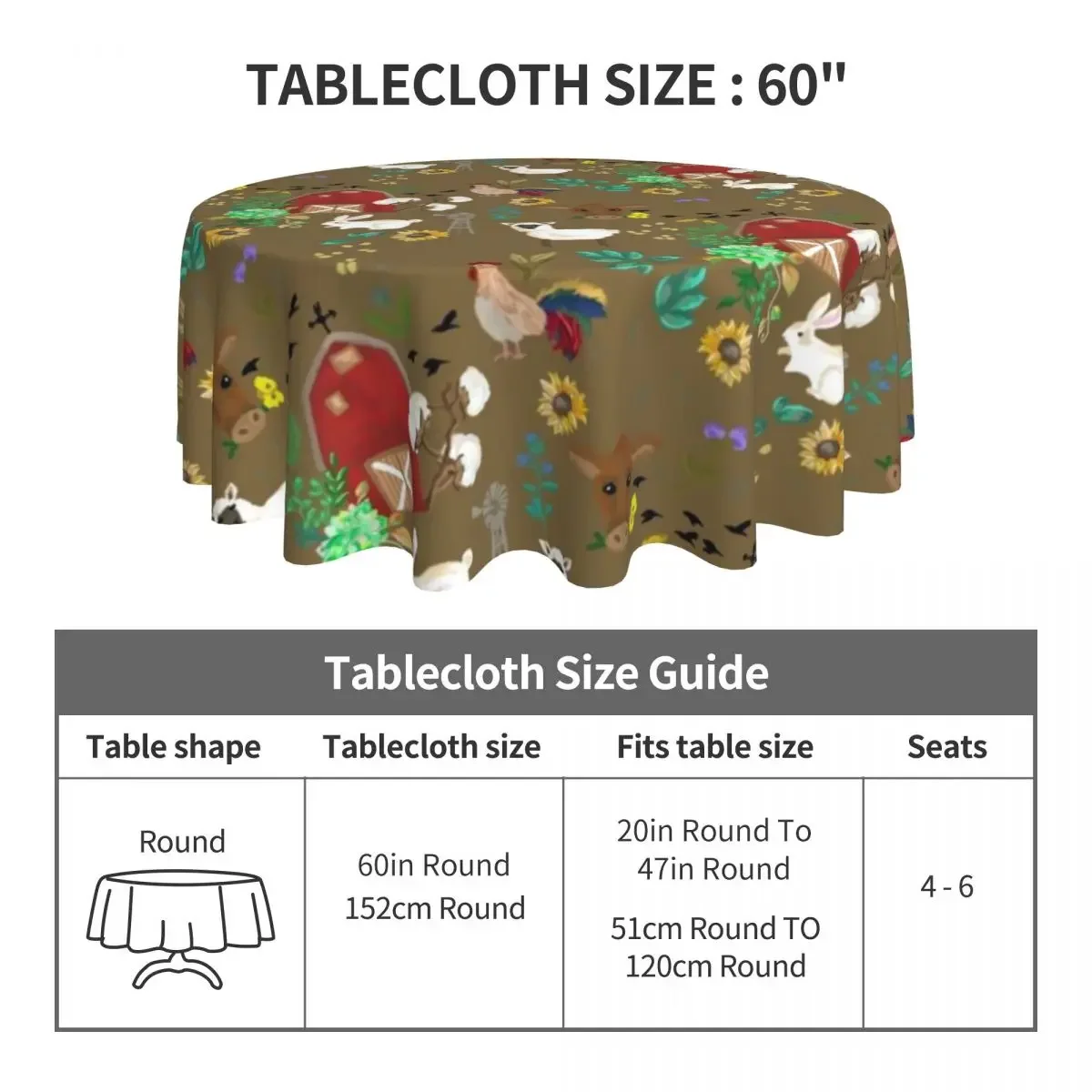 Farm House Tablecloth Funny Animal Print Polyester Round Table Cover Funny Printed Table Cloth For Home Party Dining Room