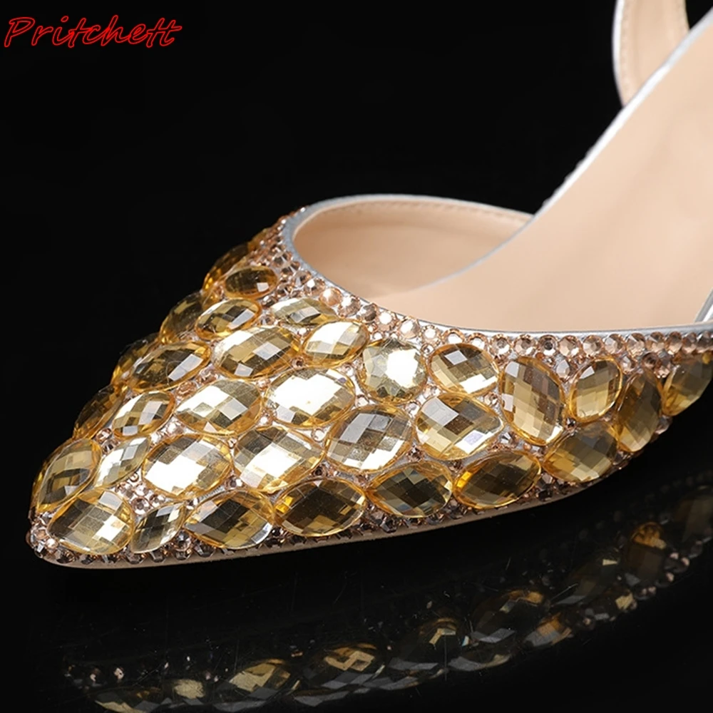 Bomba de strass bling feminina, dedo apontado, fivela metálica traseira, estilo estranho, sapato raso slingback, festa de casamento, primavera, verão, 2022