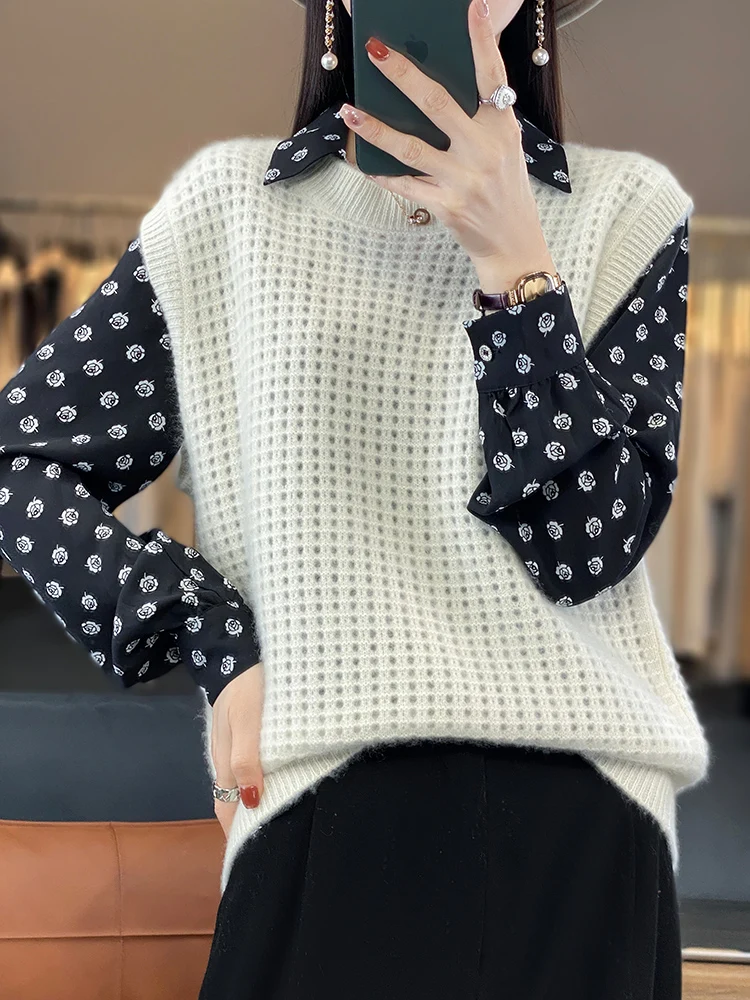 Korean Version  Women Cashmere Sweater 100% Merino Wool  Knitted  Simple Pullover Loose Sleeveless O-neck Vest Top 2024 Spring