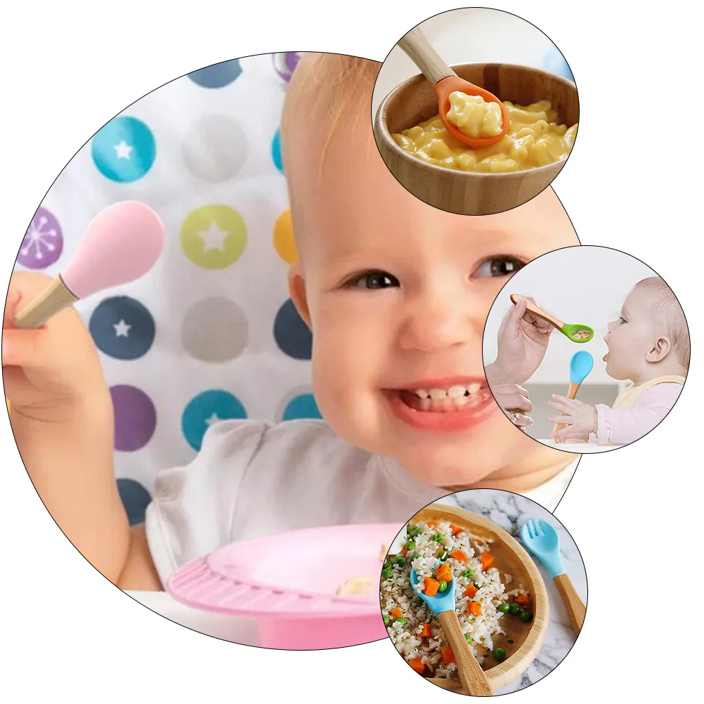 

6 pcs Children's Silicone Spoons Baby Feeding Spoon Toddler Heat Resistant Practical Rice Spoon Handmade Wooden Handle Lovely