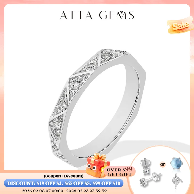 

ATTAGEMS 925 Sterling Silver Band Eternity Moissanite Ring Geometric Angular For Women 18kGold Plated Luxury Anniversary Jewelry
