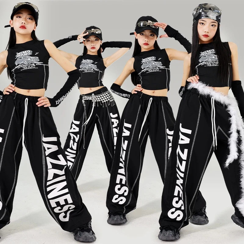 

Street Dance Wear Black Performance Stage Outfit Girl Kpop Dance Costume Cool Vest Shuffle Pants Children Jazz Streetwear 1756