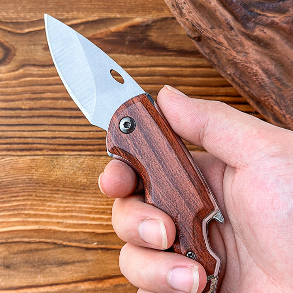 Mini Folding Pocket Knife Wood Handle Small EDC Utility Cutting Tool Keychain Outdoor Camping Hiking Daily Carry Gift image 5