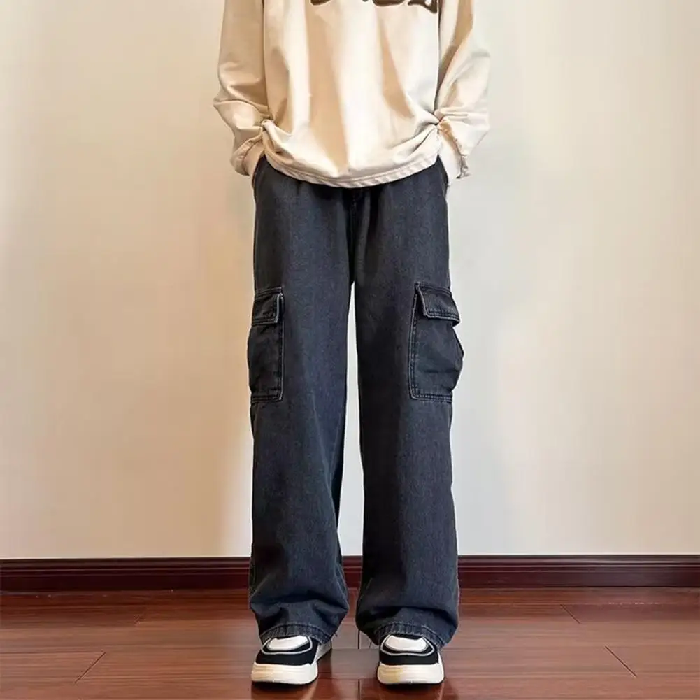 

Men Casual Trousers Versatile Men's Wide Leg Cargo Pants Stylish Drawstring Elastic Waist Full Length with Pockets for Casual