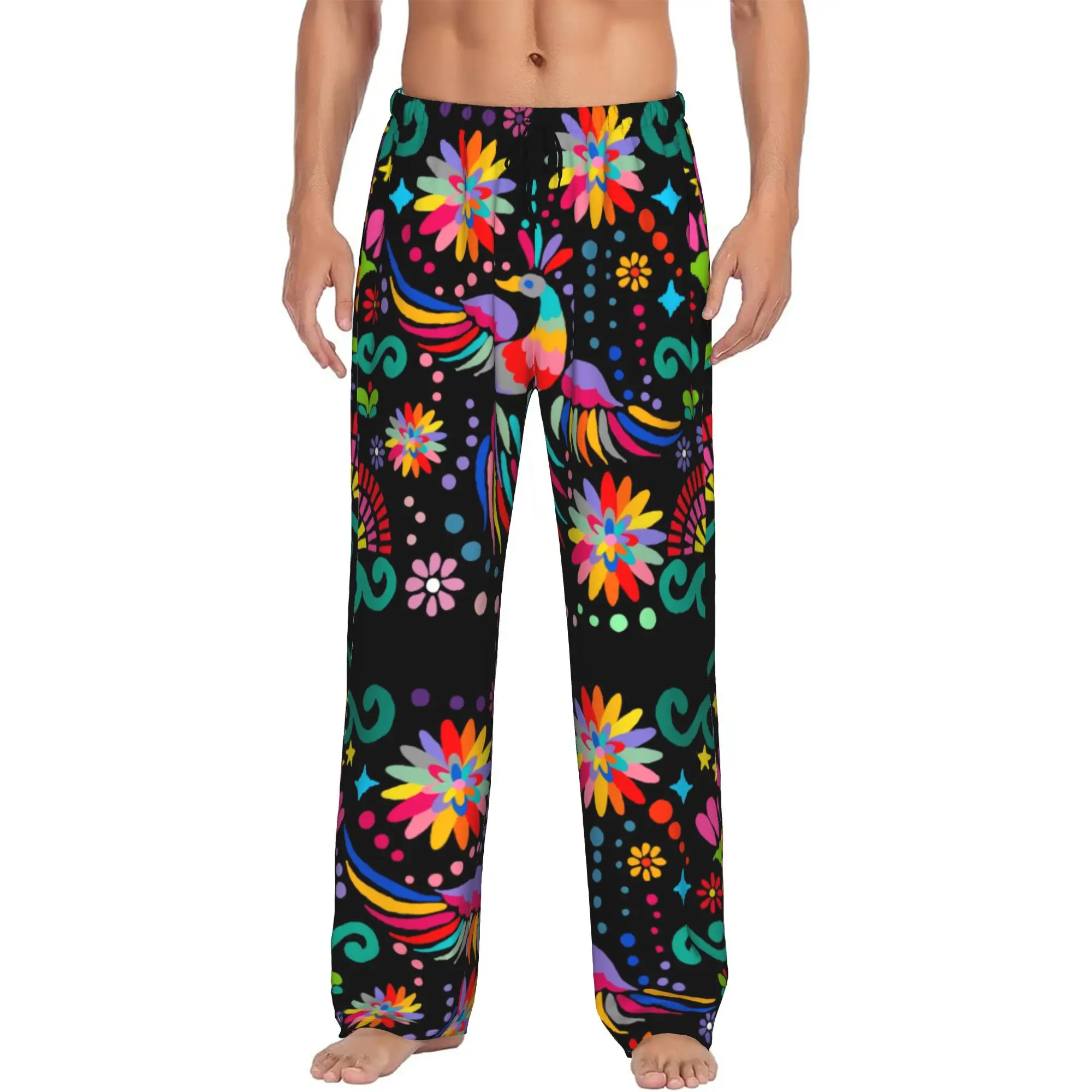 Custom Mexican Floral Flower Textile Pajama Pants Men Colorful Embroidery Sleepwear Lounge Sleep Bottoms Stretch with Pockets
