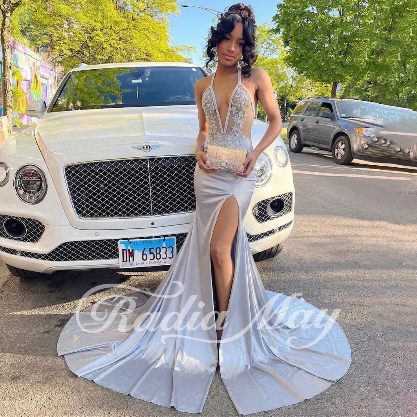 Radia May Customized Sexy See Through Mermaid Prom Dresses Halter Appliques High Split Formal Party Gowns BP056