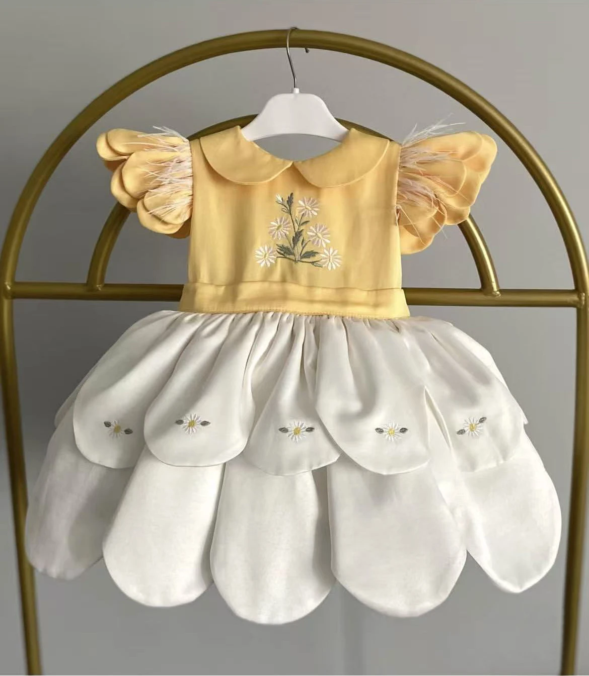 

Летнее желтое платье для девочек 0-12 лет с вышивкой ромашками, винтажное, в стиле принцессы, для дня рождения, фотосессий, праздников, Ид. B523