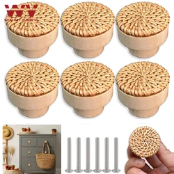 WV Wooden Rattan Dresser Knobs Kit Round Decorative Furniture Pull Handles Multipurpose Woven Drawer Pulls for Bedside Tables