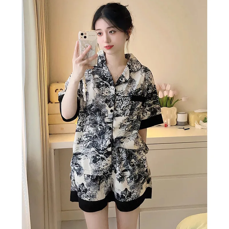 Ink and Wash Painting Women Pajamas Sets Summer China Style Faux Silk Satin Female Sleepwear Classic Elegant Short Housewear