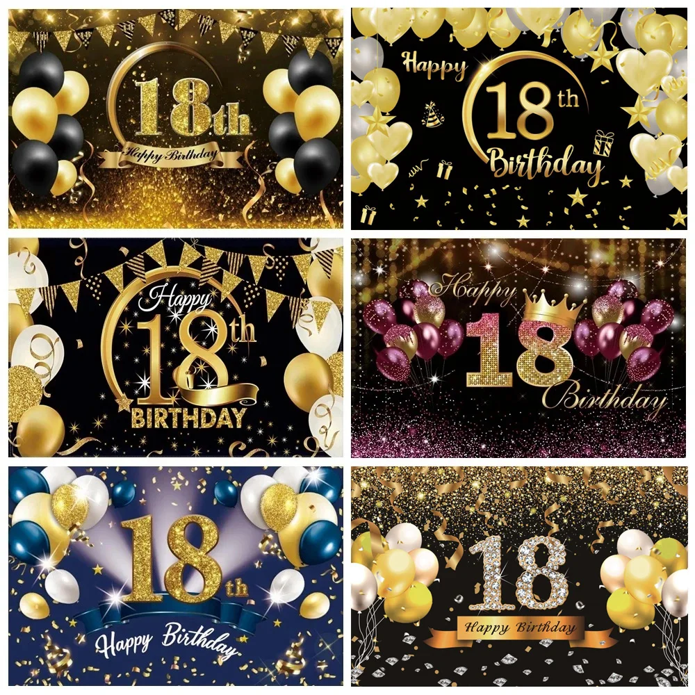 Happy 18th Birthday Backdrop  Banner Black Gold Glitter Balloon Boys Girls 18 Years Old Birthday Party Photography Background