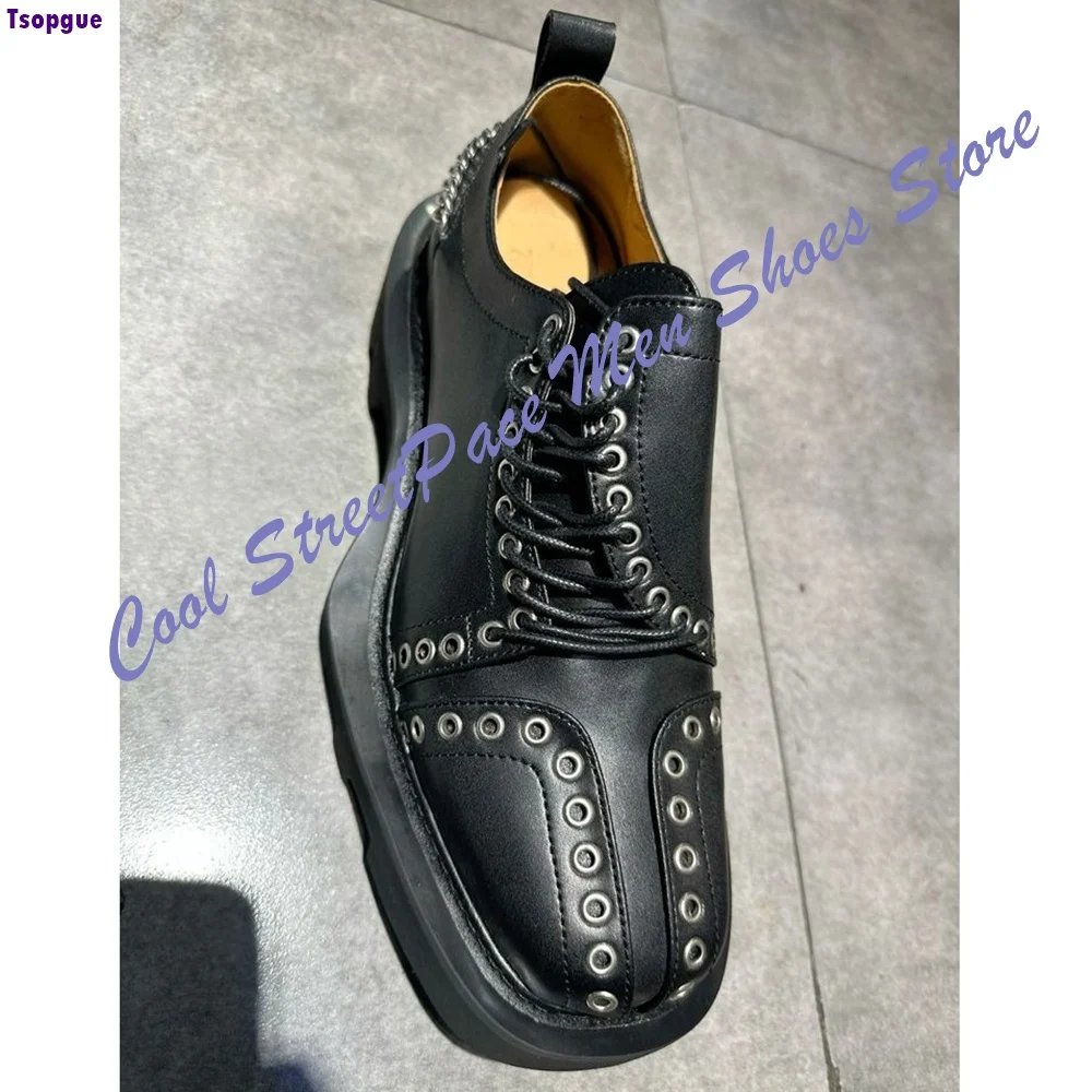 Men Punk Rivet Platform Derby Shoes Thick Sole Lace Up Leather Dress Shoes Gothic Streetwear Height Increasing Men Casual Shoes