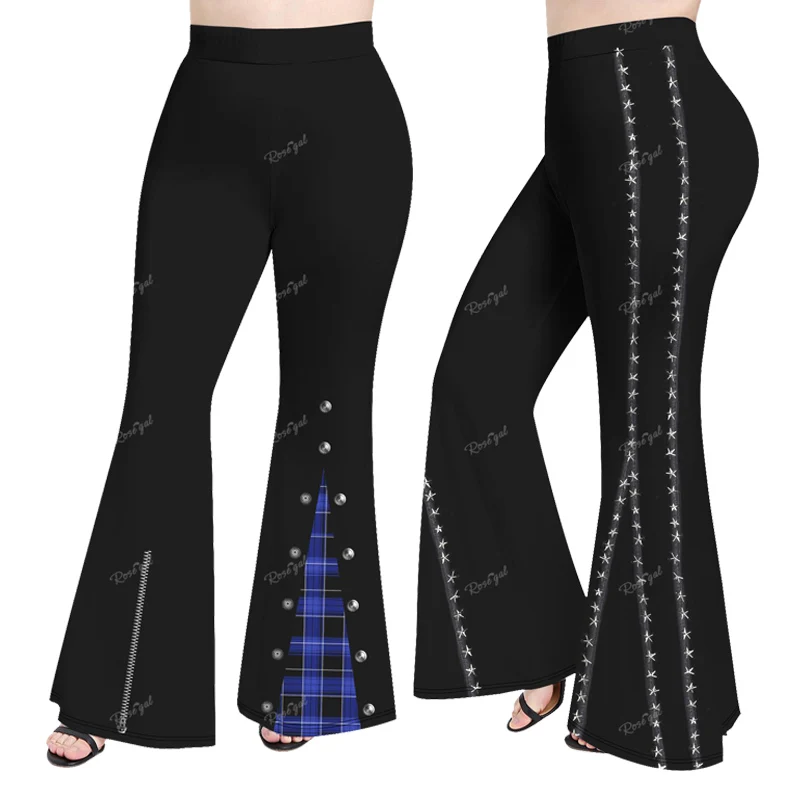 Women\'s Casual Pants 3D Pentagram Plaid Button Rivet Denim Printed Trousers Plus Size Graphic Flare Pant