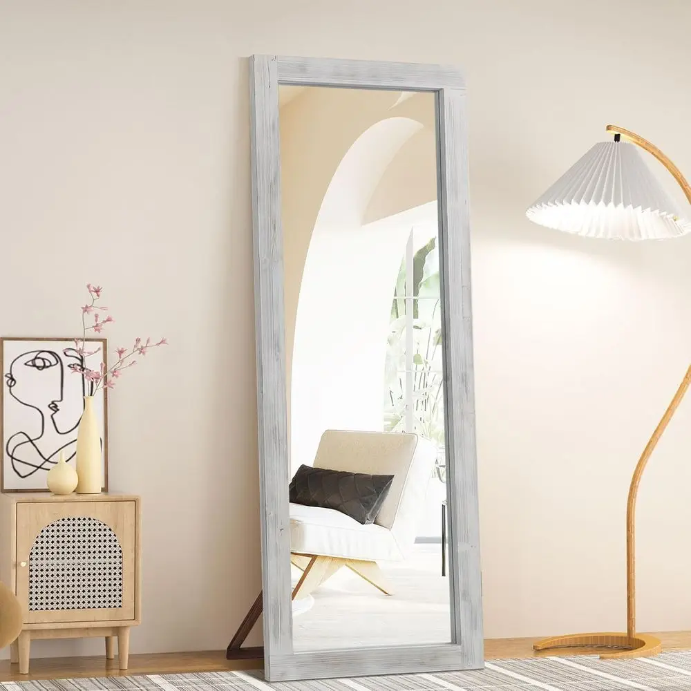 Vintage 64x21 Floor Mirror, Freestanding for Bedroom, Living Room or Cloakroom, Weathered White Finish