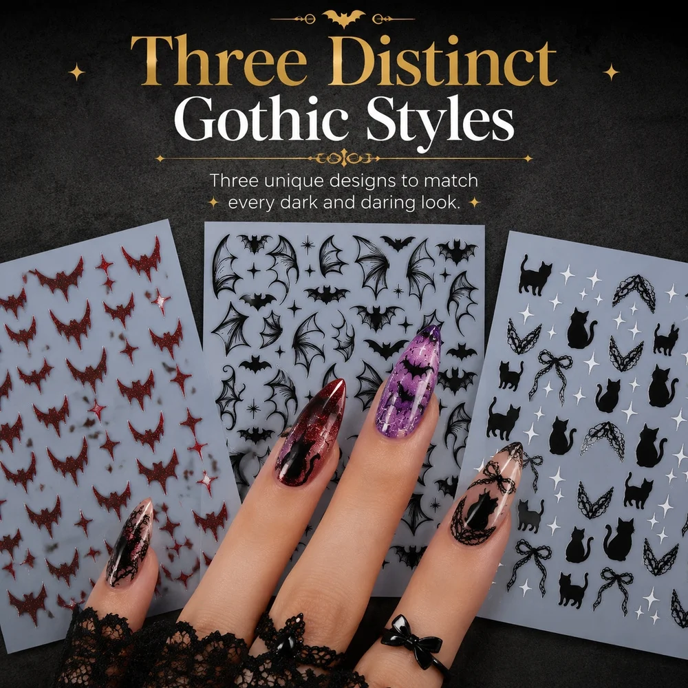1Pc Waterproof Dark Witch Nail Stickers Sparkly Red Bat Black Cat Lace Star Stereo Thin Clear Base Manicure Decal