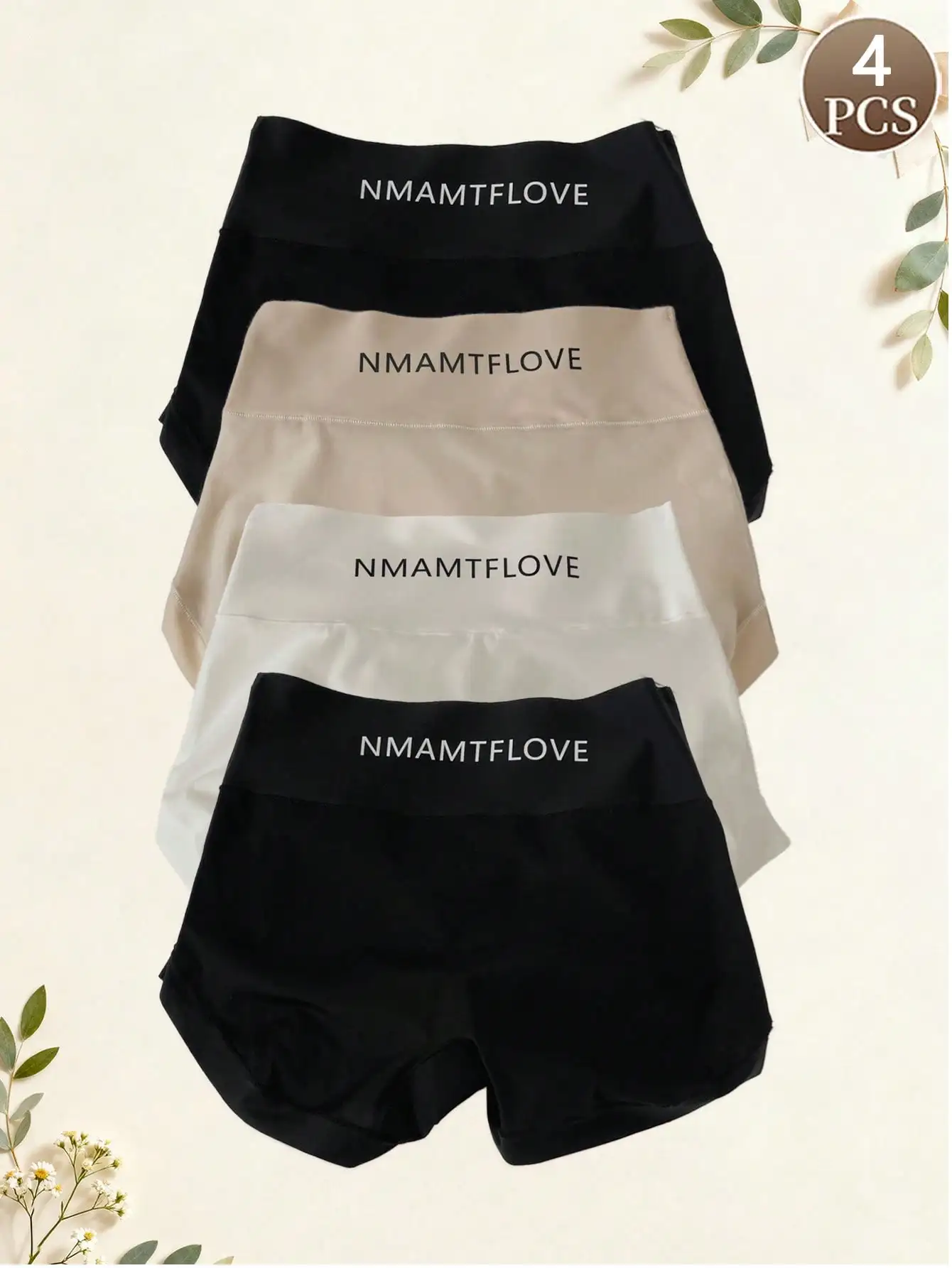 Conjunto de 4 shorts femininos de cintura alta em seda gelada, resistentes a rasgos e que não enrolam, com estampa de letras nas laterais internas.