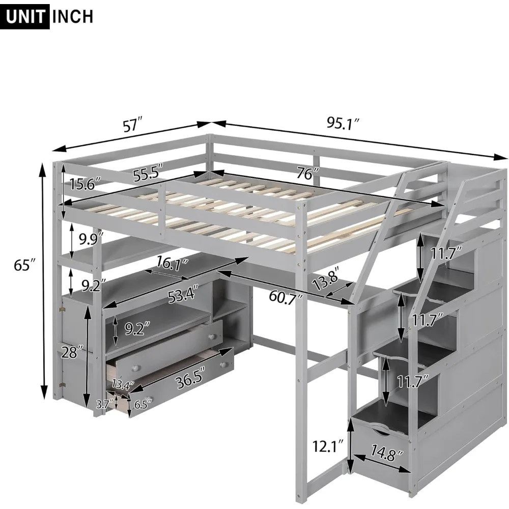 Full Size Loft Bed with Desk, Wood Full Loft Bed Frame with Shelves, 2 Built-in Drawers and Storage Staircase, Gray