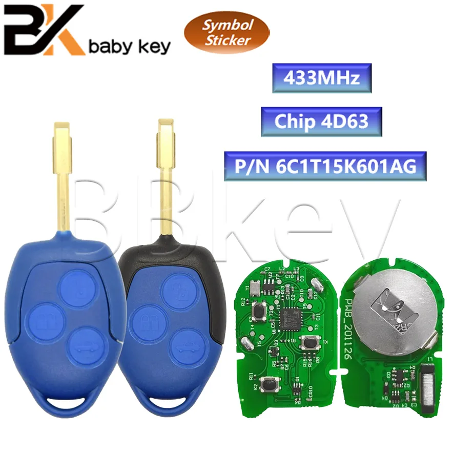 

BB Key For Ford Transit WM VM 2006-2014 Car Key P/N: 6C1T15K601AG 3 Button 4D63 Chip 433Mhz with Blue/Black Blade