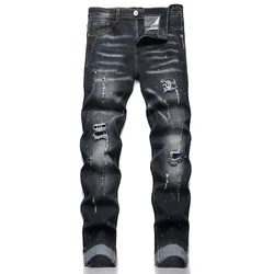 Fashion New Slim Stretch Ripped Jeans Men's Streetwear Paint Spots Denim Pants Hip Hop Punk Personality Hole Male Trousers