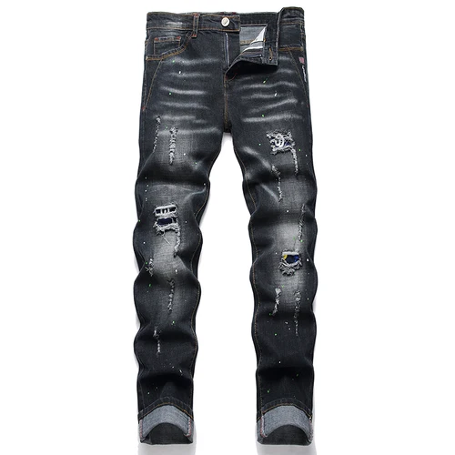 Nuevos pantalones vaqueros rasgados elásticos ajustados a la moda, ropa de calle para hombres, pantalones vaqueros con manchas de pintura, pantalones masculinos con agujeros con personalidad Punk de Hip Hop