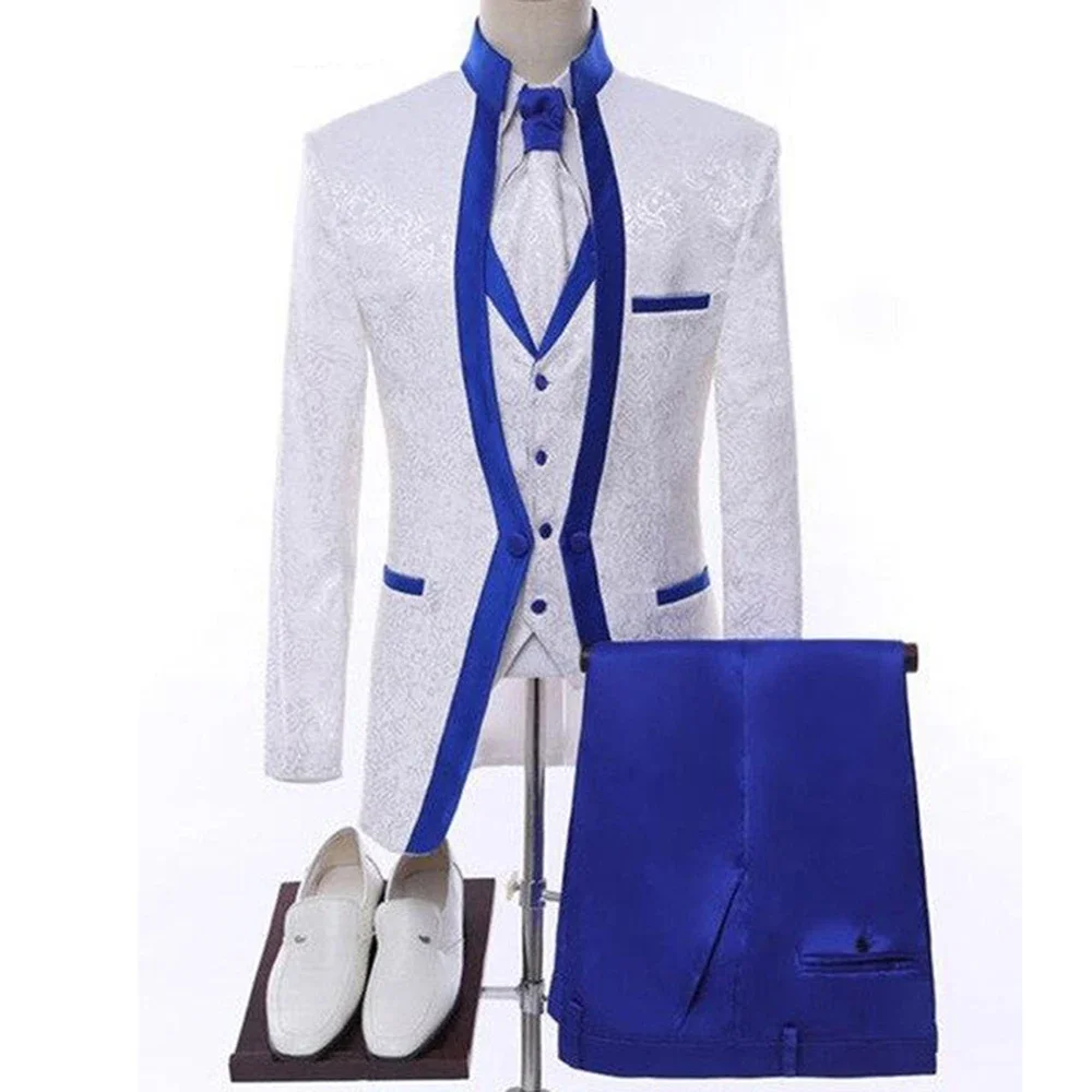 Traje de tres piezas para hombre, esmoquin con cuello chal, chaqueta Formal, Blazer, pantalones, chaleco, color blanco y azul real