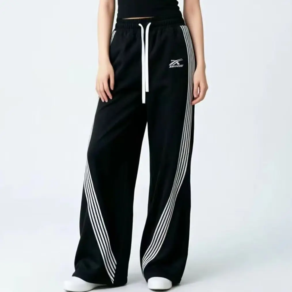 Retro Embroidered Baggy Pants Fashion Women Drawstring Straight Loose Striped Jogging Pant 2026 Casual Harajuku Hip Hop Trousers