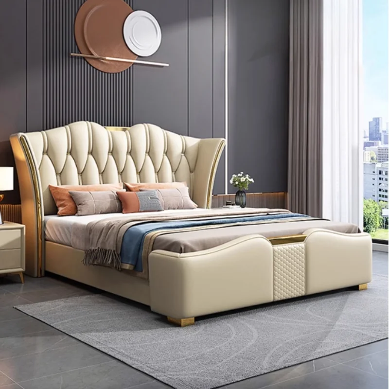 

Luxury Simple Double Bed Contact Leather Wooden Living Room Frame Double Bed Hotel Modern Cama Matrimonial Bedroom Furniture