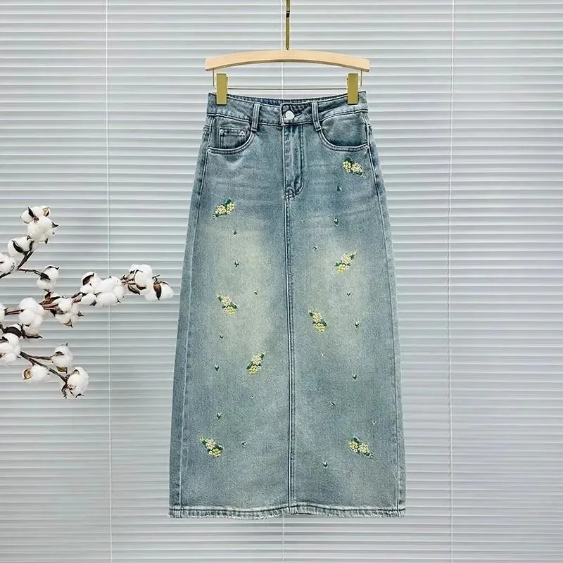 2024 Spring Summer Korean Back Split High Waist Women's Cowboy Half Skirt Korean Version Embroidery Ladies Denim A word Skirt