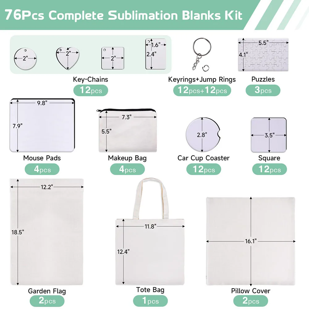 76pcs DIY MDF Sublimation Keychain Blanks with Metal Chain Sublimation Starter Kit for Custom Design Work