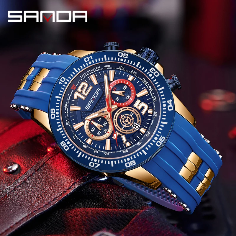 SANDA Red Watch for Men Fashion Luxury Chronograph Analog Quartz Wristwatch with Silicone Band Luminous Hands Date Waterproof