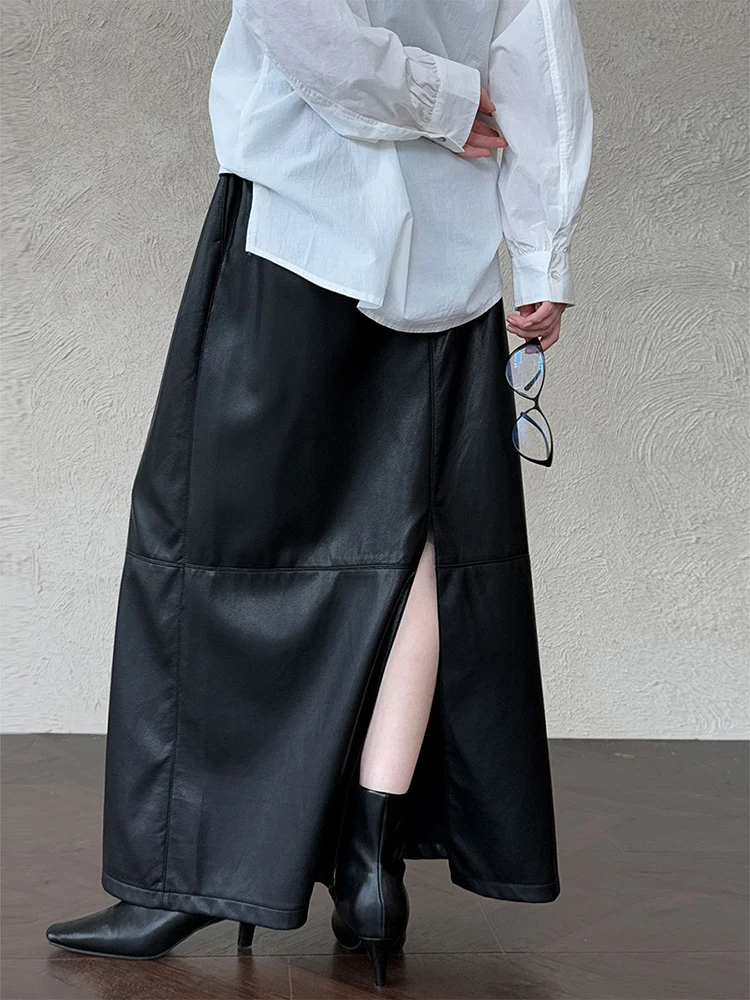 Fanan 2025 outono novas saias de couro para mulheres elásticas cintura alta a linha de comprimento médio saia vintage moda roupas femininas