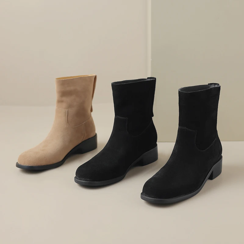 Fashion Round Toe Frosted Leather Mid-tube Comfortable Thick Heel Large Tube Circumference Large and Small Women's Short Boots