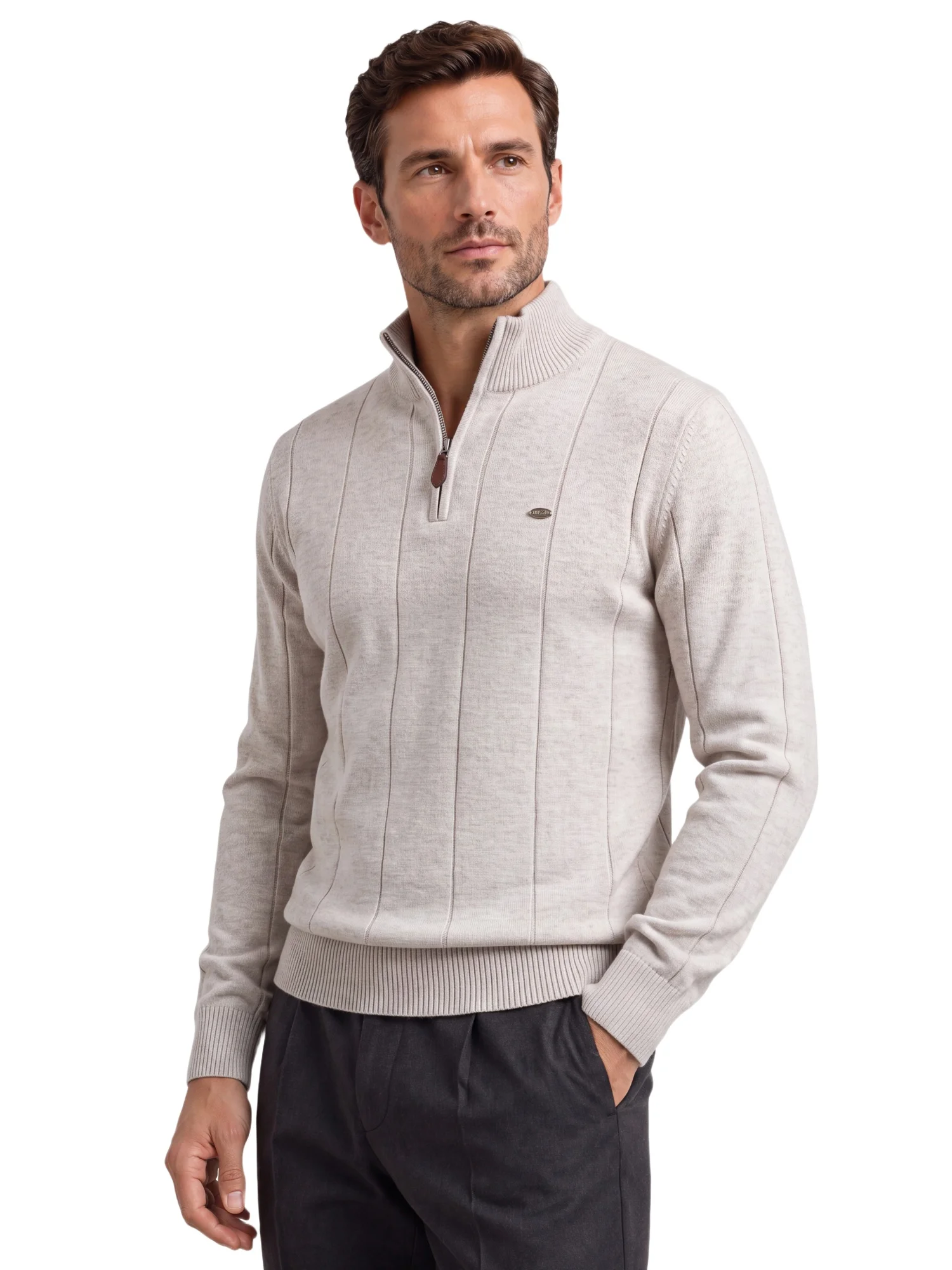 AIOPESON Herren Baumwolle Einfarbiger Casual Pullover mit Halbem Reißverschluss, Stehkragen, Gerippter Strickpullover, Herbst Winter Herren Langarm Slim Fit – Detail 3