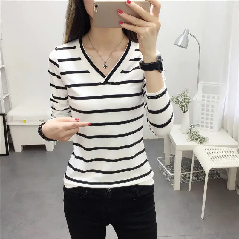 Autumn and Winter Fashion New Women\'s V-neck Striped Long-sleeved T-shirt Slim-fit Top Base Shirt Women\'s All-match