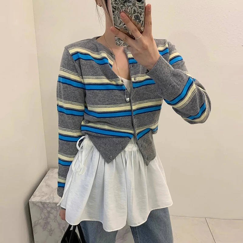 

Slim Fit Stripe Knitted Cardigan Women's round Ne Long Sve Vintage Anti-Aging Spring Outerwear Chic Sle Button up Coat