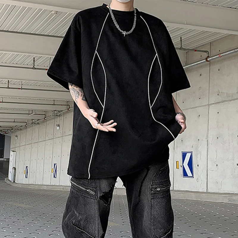 Summer Reflective Strips Men Short Sleeve O Neck T Shirts Bright Line Decoration Hiphop Street Fashion Oversized Clothing Black
