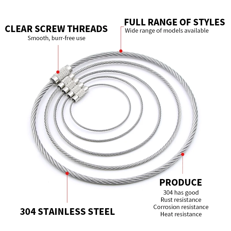 2pcs 1.5mm 304 Stainless Steel Wire Rope Ring Keychain Wire Ring Keychain Ring Tag Pendant With Lock Buckle