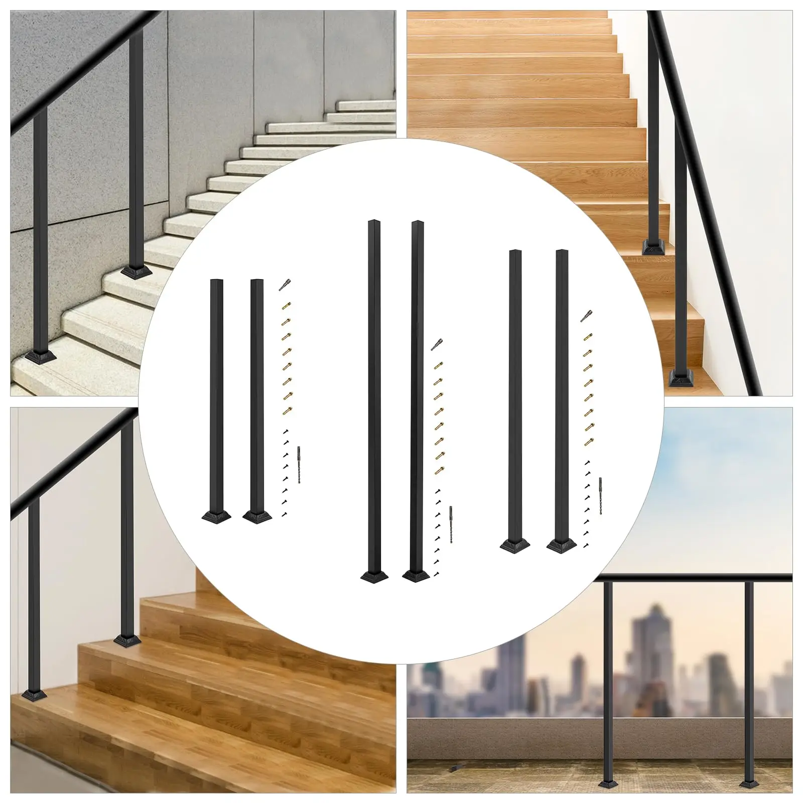 2 قطعة درابزين سطح السفينة الأسود الحديد المطاوع درابزين آخر عدة ، عمود سياج معدني مربع ، عمود الدرابزين الدرج مع قاعدة مستطيلة ل #6