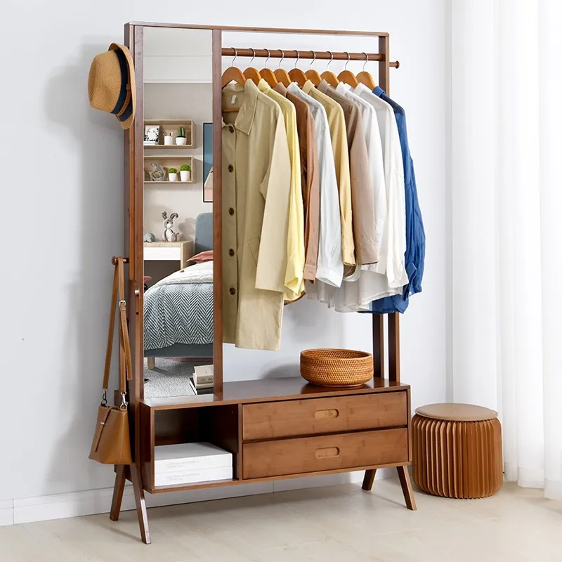 

Hanging hanger integrated floor-to-ceiling bedroom solid wood coat rack with mirror drawer can be used to sit