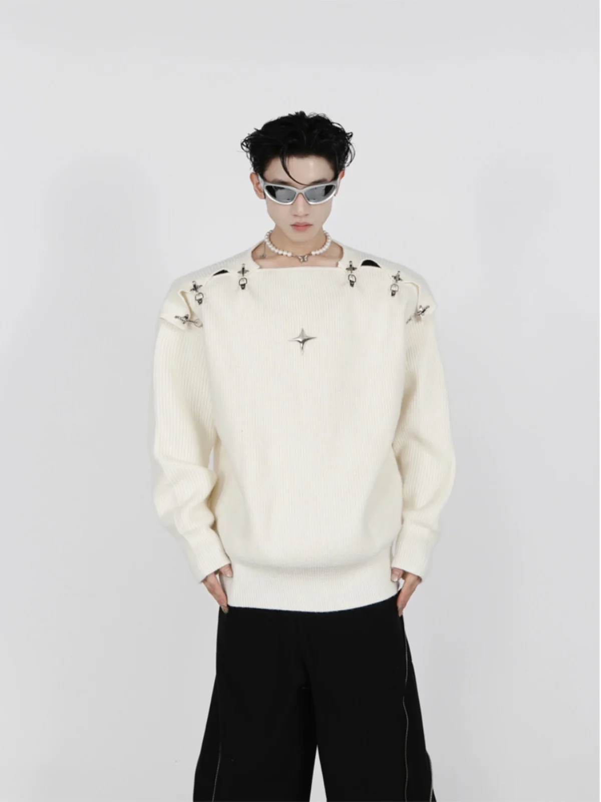 

Оригинальный металлический свитер Bule в американском стиле High Street, вязаный длинный свитер на одно плечо с вырезом в виде свека