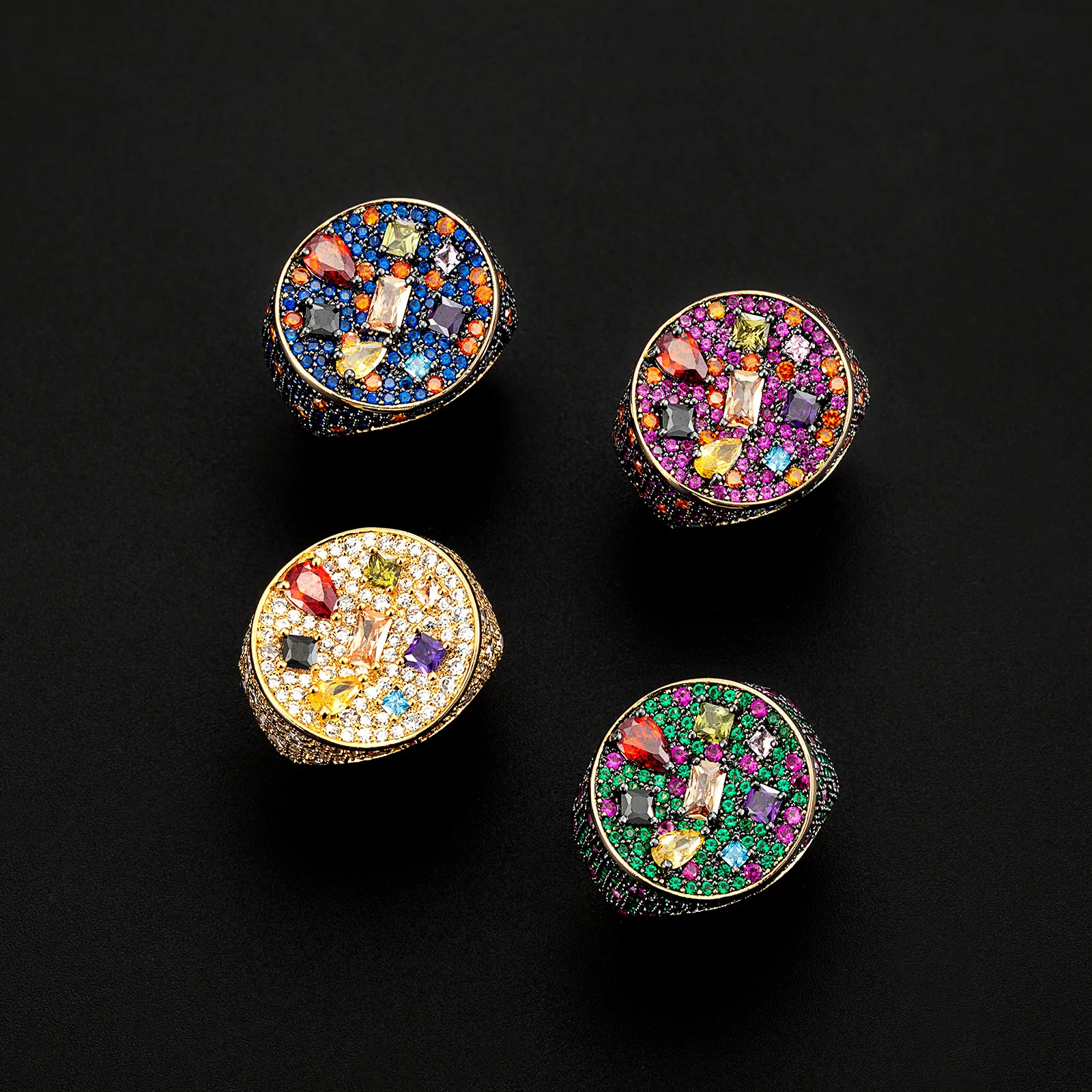 

2pc Luxury Designer Vintage Style Retro Colorful Crystal Gems Engagement Band Party Ring For Women Girls Black Gold Ring Jewelry