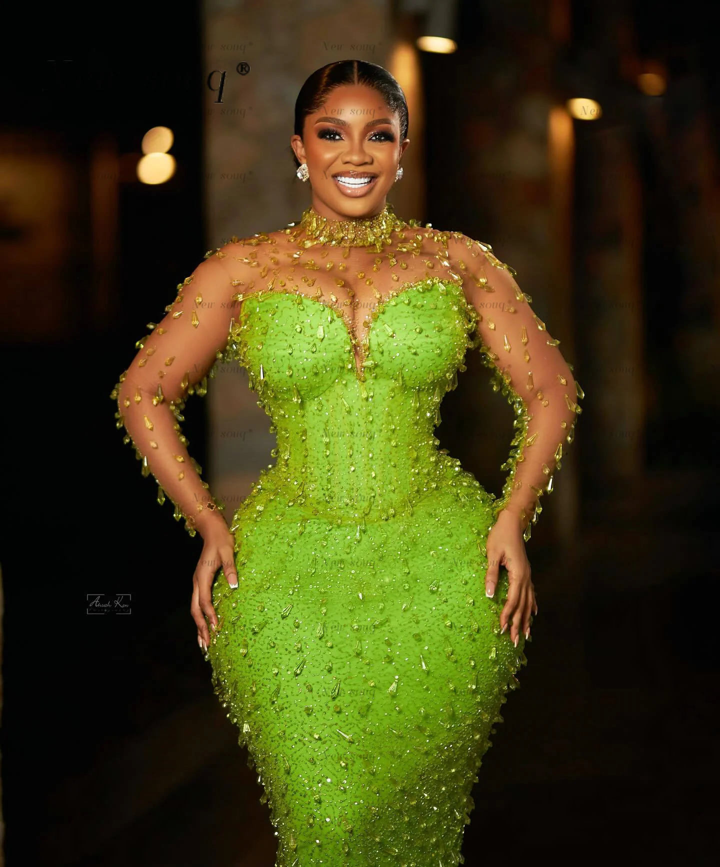 Gorgeous Green Full Crystals Long Sleeves Evening Dresses African Plus Size Sequins Women's Wedding Party Gowns Customized