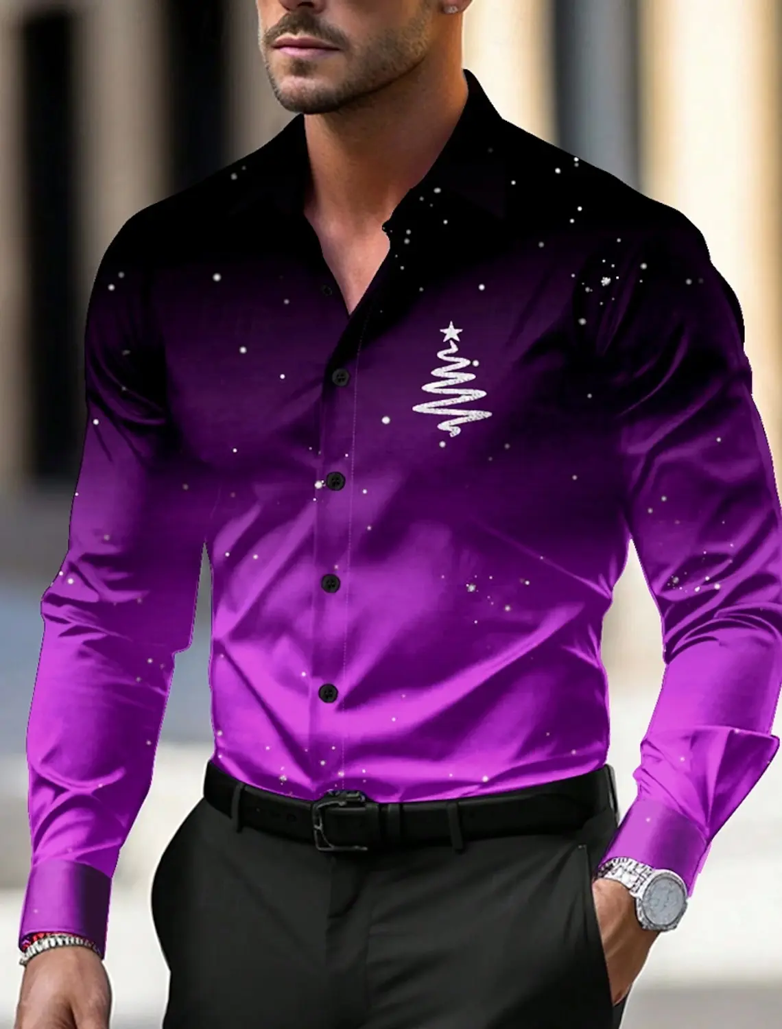 Christmas Theme Men\'s Christmas Trees Logo Printed Shirts Snowflake Gradient Graphics Button Up Long Sleeve Shirts Fashion Tops