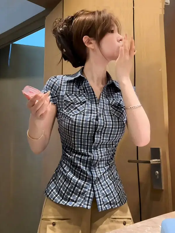 

Blue Plaid Short Sleeve Slim Fit Women's Shirt Vintage Pleated Waist Cinching Early Spring Korean Style Commute Wind Shirt