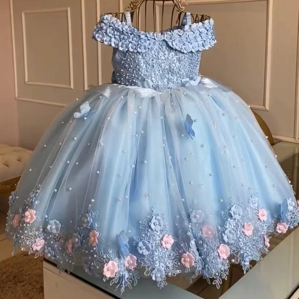 Lovely Tulle Beading Flower Girl Dress For Wedding Pearls Applique Off Shoulder Child First Eucharistic Birthday Party Dresses