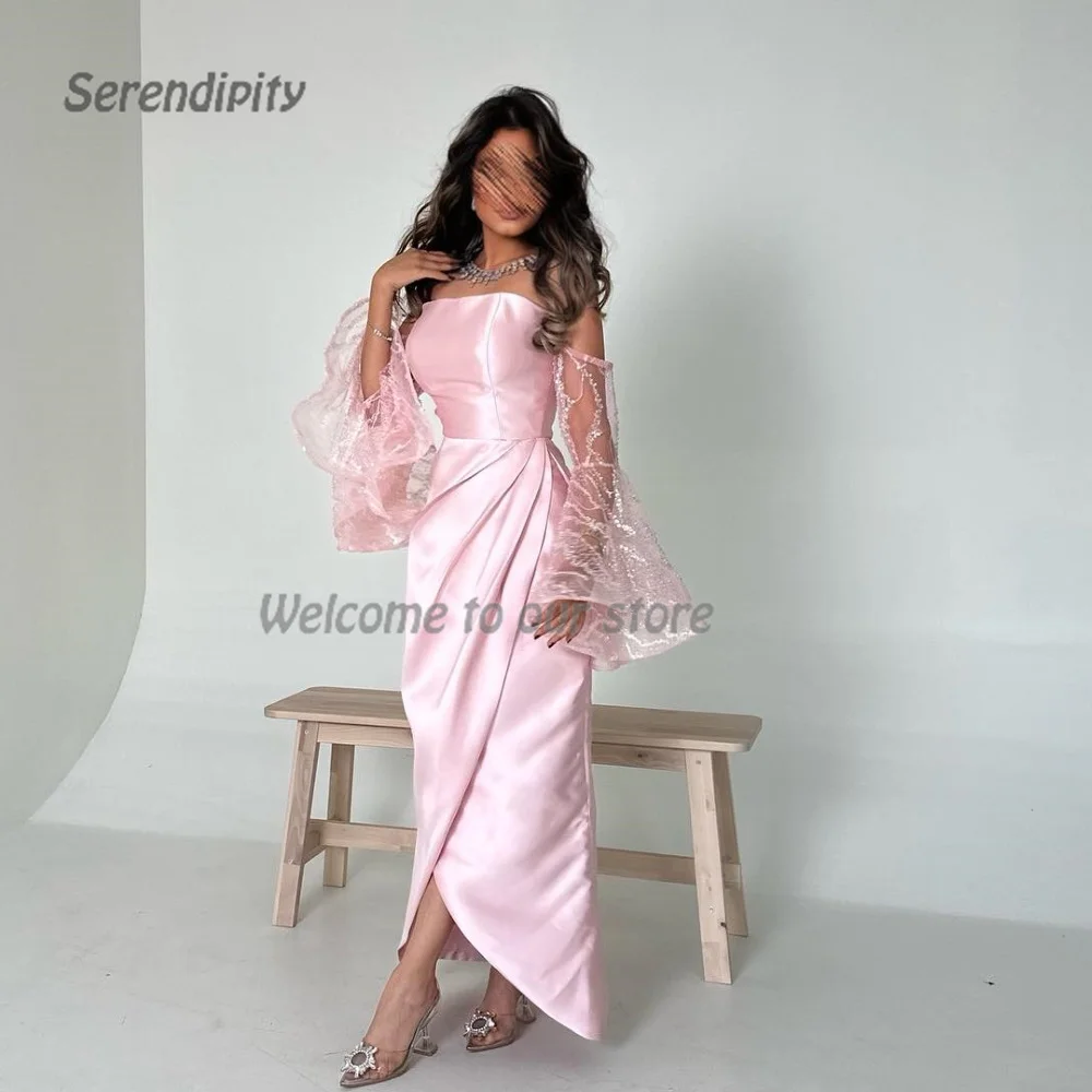 Serendipity Evening Dress Strapless  فساتين سهرة Mermaid Elegant Lace Sequined Sleeve Ruched Pink Prom Gown For Sexy Women 2024