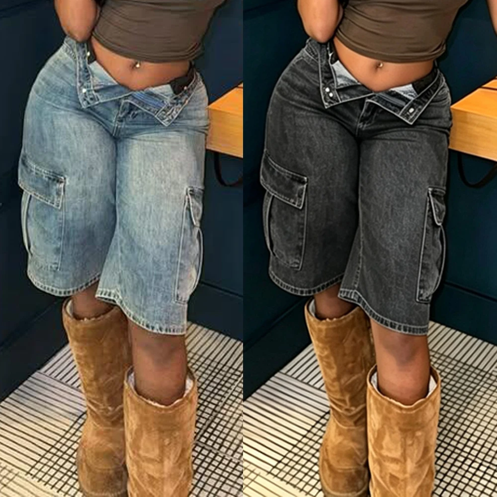 JENYAGE Y2K Damen Lowrise Denim Cargo Shorts mit Umlegebund, knielang, Vintage-Waschung, große Taschen, Baggy Jeans-Shorts, Streetwear – Detail 2