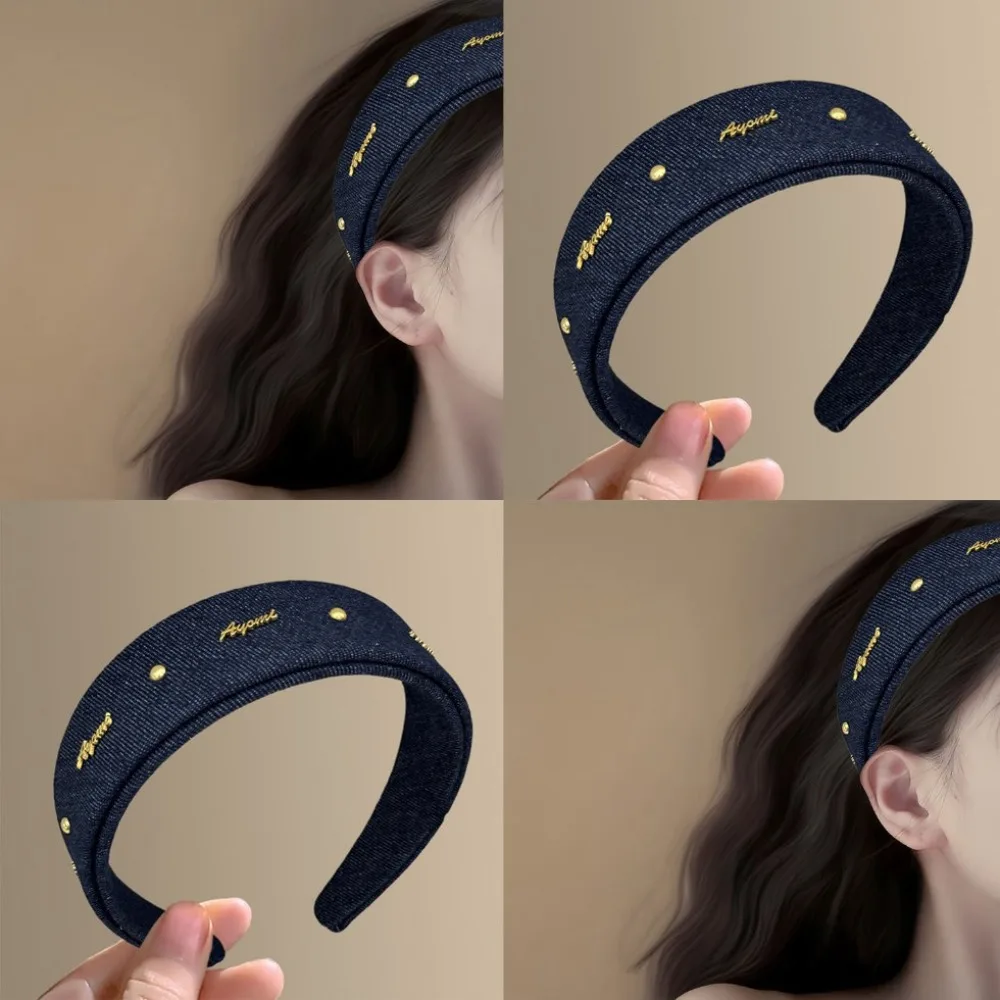 

Wide-brim holiday style denim letter women's headband Korean sweet temperament ins-style hairband Headband Hair accessory